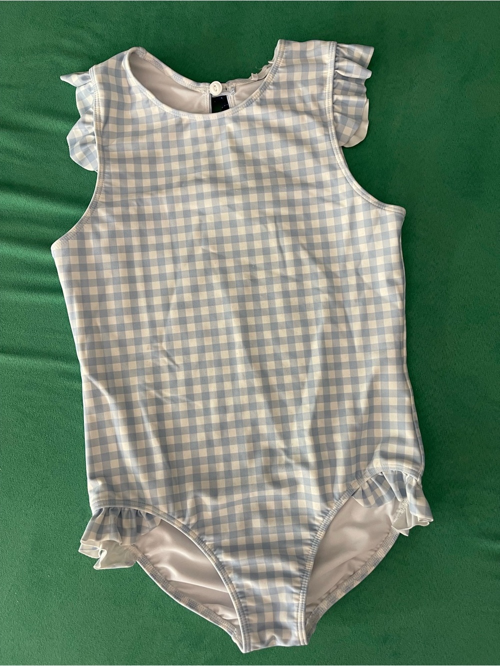 Minnow girls oasis blue gingham ruffle sleeve rashguard one piece, size 11/12 EU